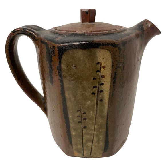 Vintage stoneware brown hexagonal teapot coffeepot handmade w/handle top 6.5" - Picture 3 of 8